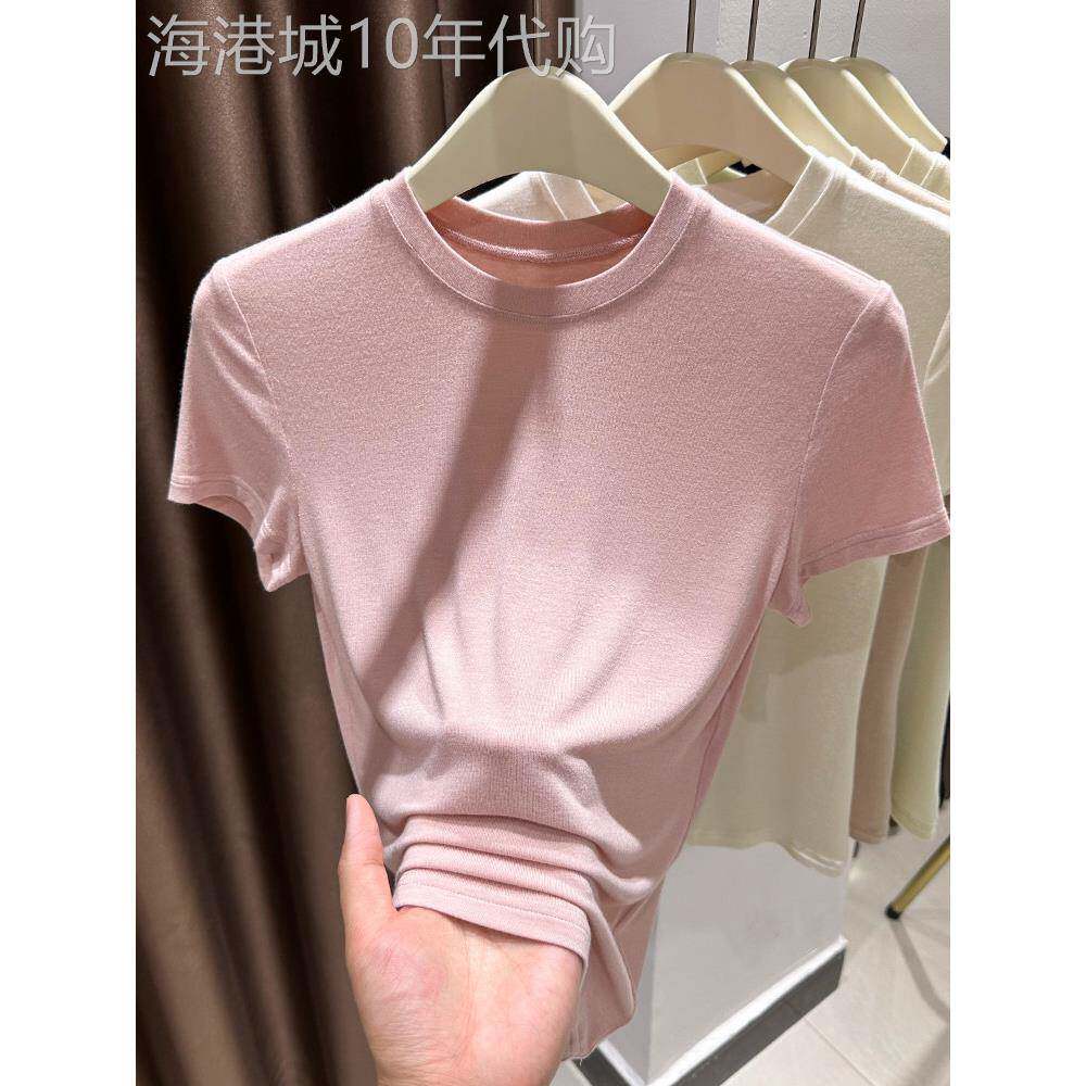 韩国莫代尔小圆领短袖女式t恤2025新夏季薄底衬衫与超级弹性皮肤