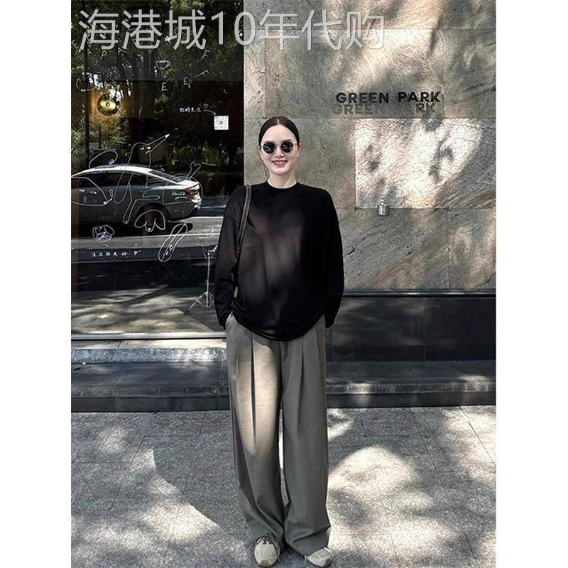 黑色薄款圆领长袖T恤女春秋欧货新款宽松休闲打底衫内搭套头上衣