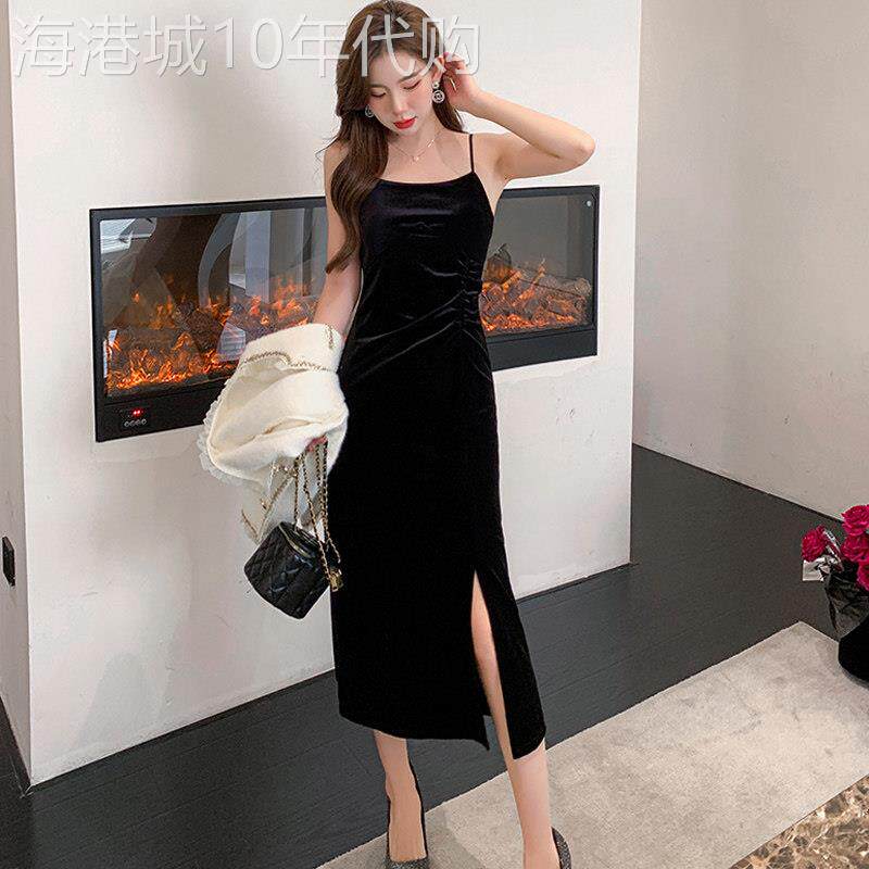 黑色吊带裙女春秋新款欧货开叉洋气中长款内搭打底裙金丝绒连衣裙