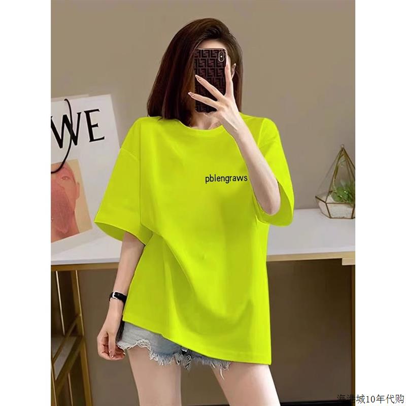 韩国荧光绿长款短袖t恤女2025新款纯棉宽松遮屁股洋气印花圆领夏