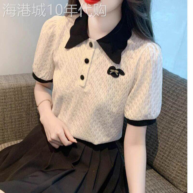 白色短袖T恤女2026新款夏季Polo领短款宽松气质雪纺蕾丝小衫上衣