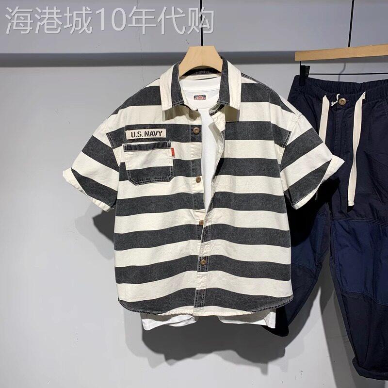 高端条纹休闲短袖衬衫男士2026新款夏季潮流拼色宽松半袖衬衣男款
