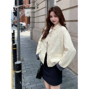 香港米白色菱格立领短款羽绒服女2025冬季新款小个子时尚减龄外套