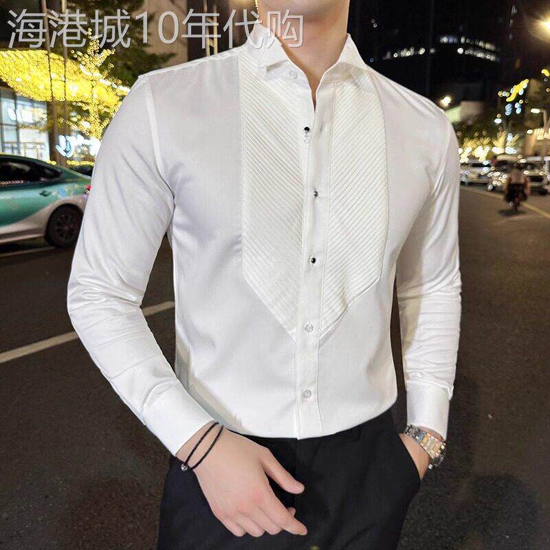 LL男装衬衫男长袖商务正装婚礼宴会礼服新郎伴郎结婚燕子领白衬衣
