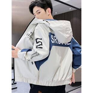 潮牌青年外套男士春秋季2024新款个性拼色潮流韩版百搭连帽夹克男