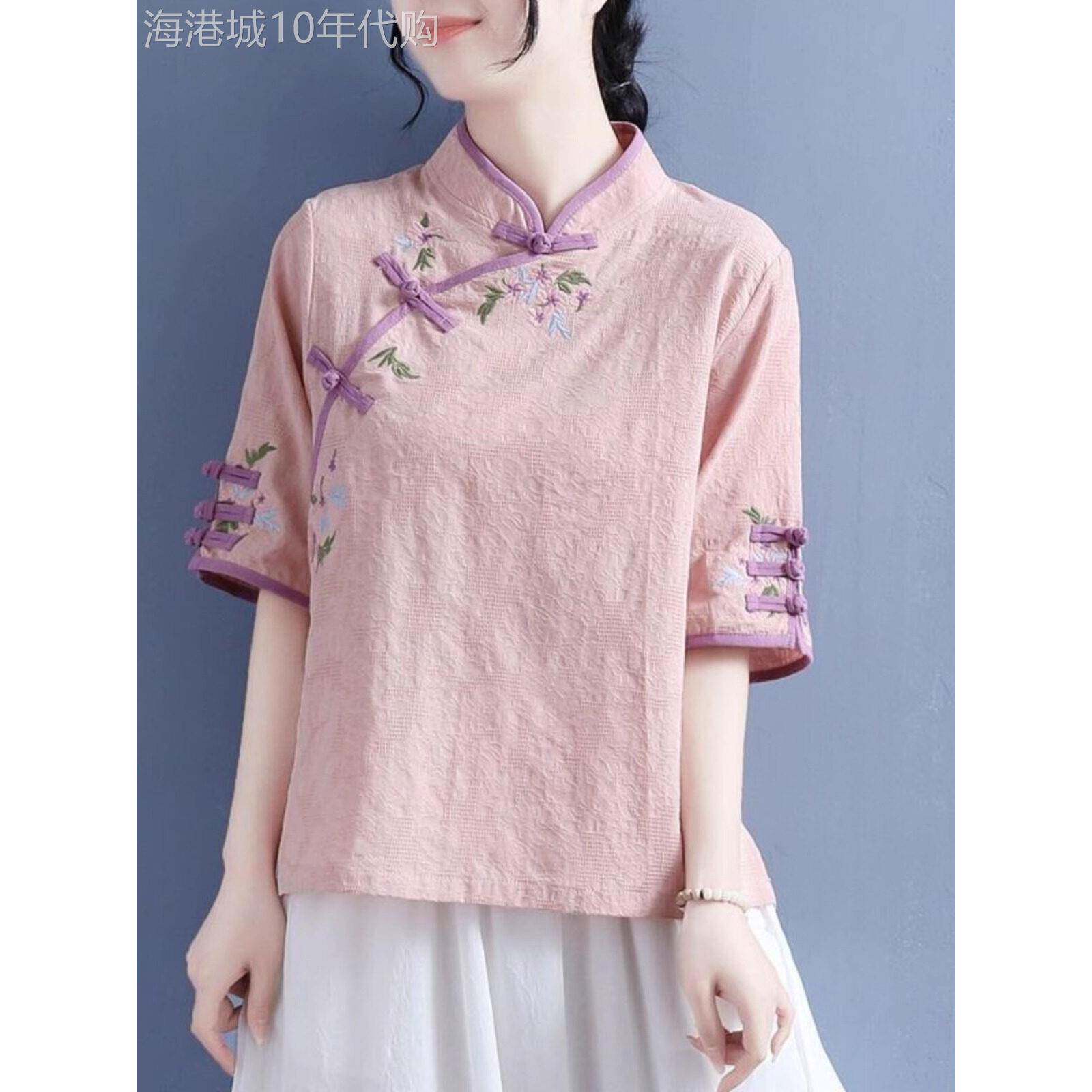 棉麻衬衫女式夏季薄2025新款宽松中国风板扣文艺覆古三分之袖t恤