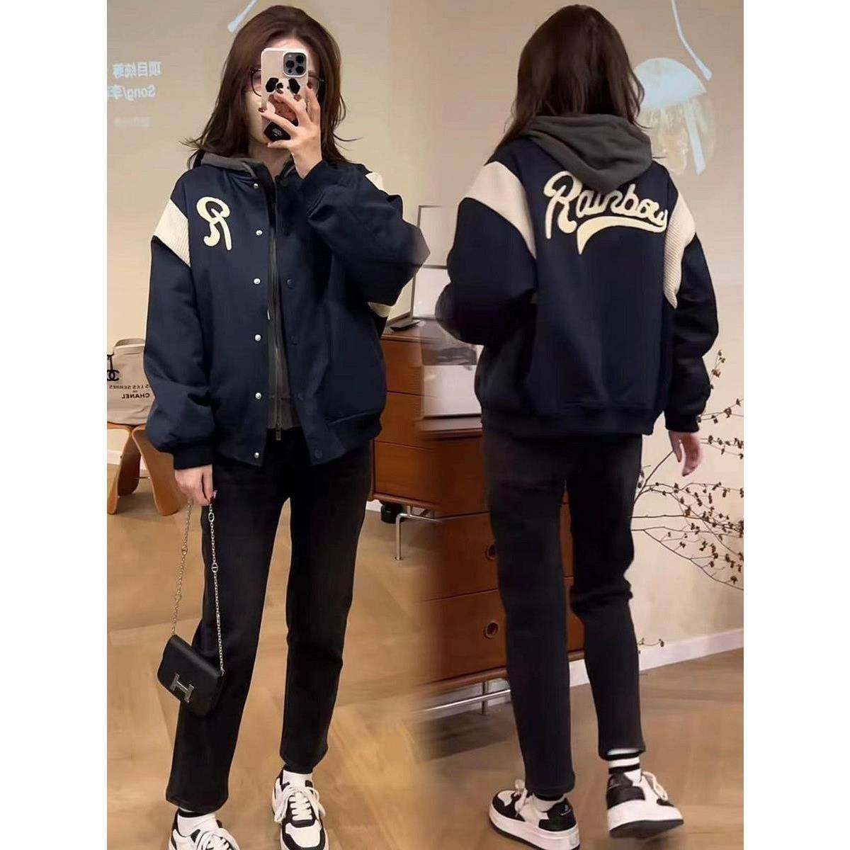 香港2025秋冬连帽拉炼设计感字母刺绣夹棉加厚棒球服短款外套女潮