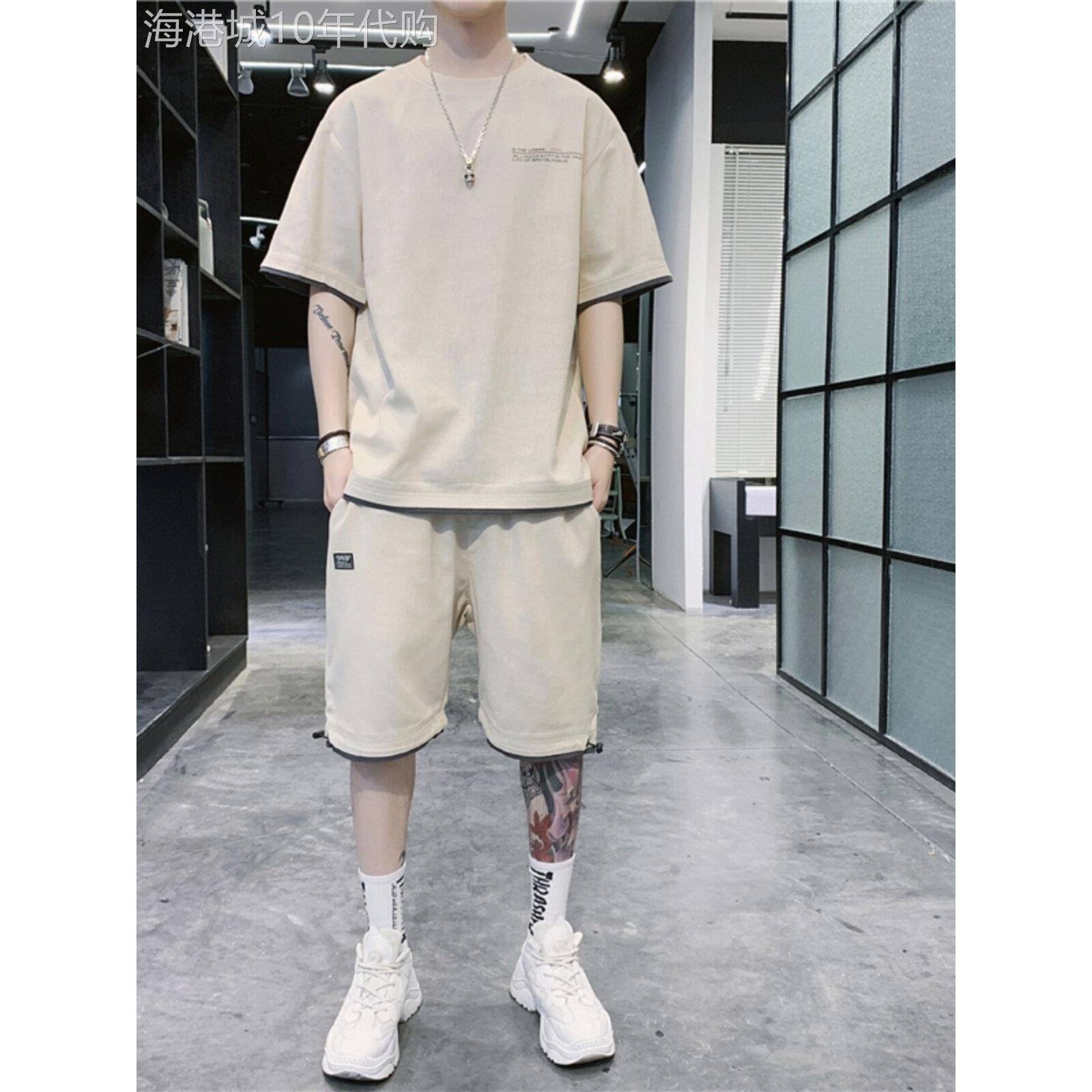 高端亚麻短袖T恤男士短裤夏季薄款2025年新款宽松运动服套装男款