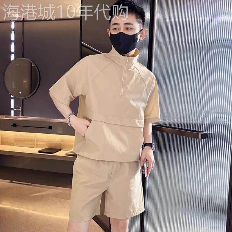 高端翻领短袖短裤休闲 套装男士2025年新款夏季冰丝T恤两件套男装