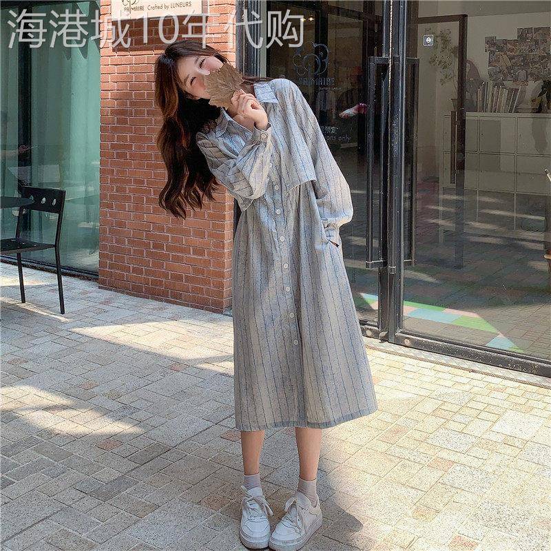 长袖条纹牛仔连衣裙女2025新款春秋法式宽松休闲假两件高级感裙子