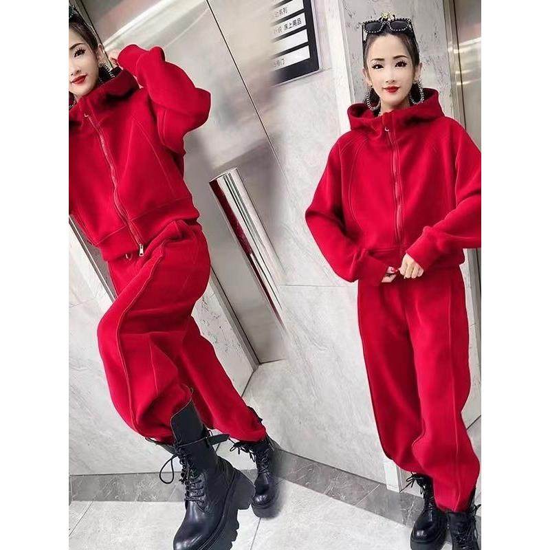 香港加绒加厚休闲运动套装女冬季2025新款时尚洋气卫衣红色两件套