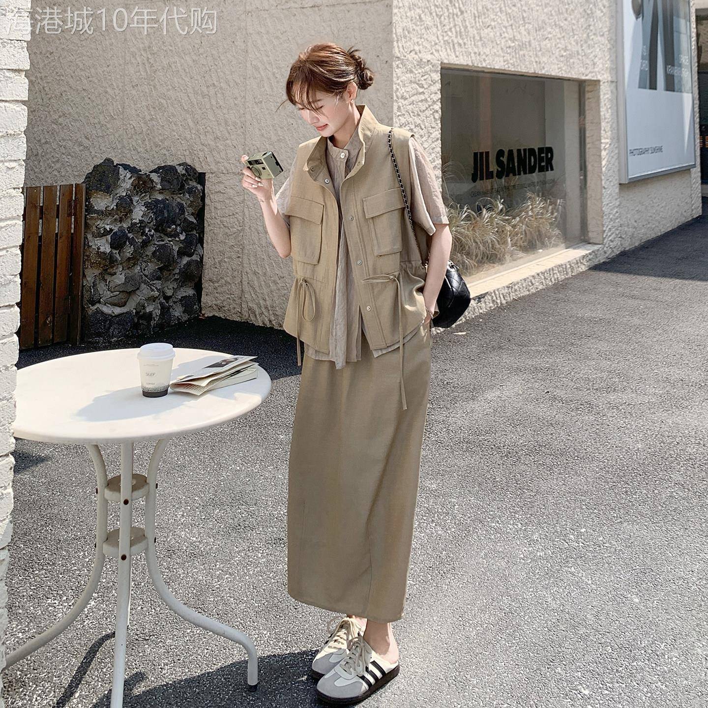 卡其色工装风马甲衬衫半身裙三件套女2026春季宽松休闲高级感穿搭