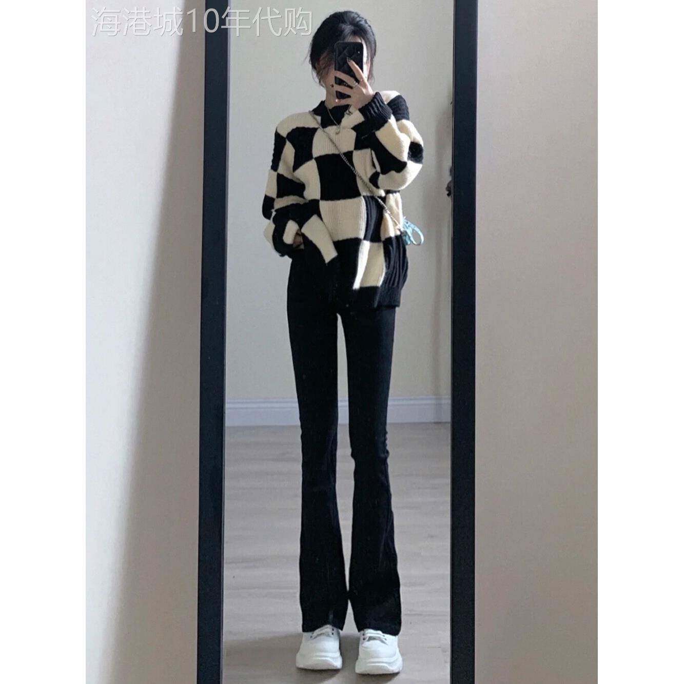 黑色高腰微喇牛仔裤女2025年新款春秋弹力显瘦喇叭韩版拖地长裤子
