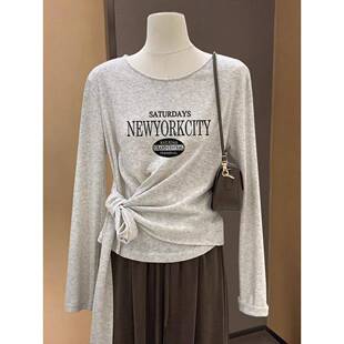 韩国收腰绑带设计感正肩纯棉长袖t恤女2025秋季修身显瘦高级上衣