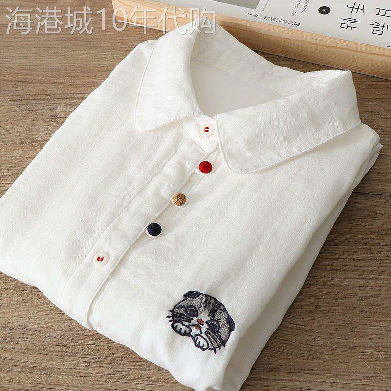 白色衬衫女春秋2025新款设计感小众猫咪刺绣显瘦宽松翻领长袖衬衣