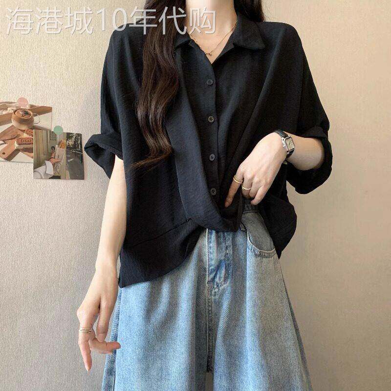 大码女装不规则设计感小众短袖衬衫女夏季胖mm宽松显瘦遮肚子上衣