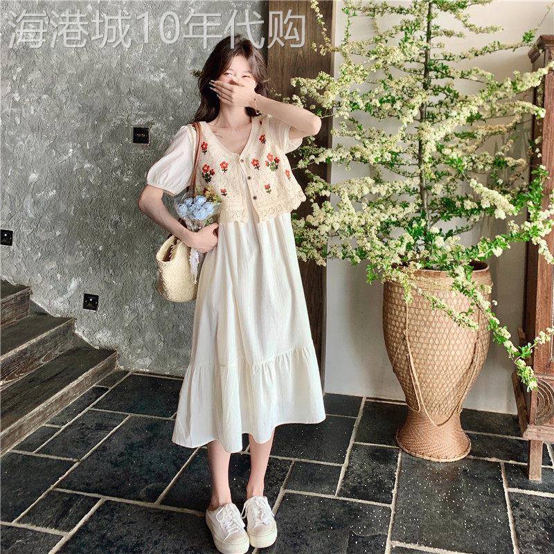 夏洋装温柔风女春2026新款V领显瘦韩版假两件初恋法式白色裙子