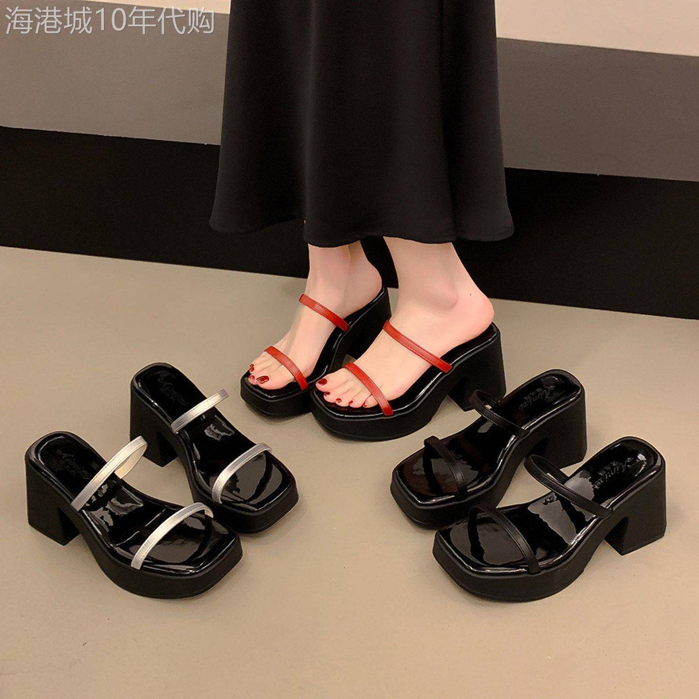 法国Uamtor绝美红色高跟拖鞋女2026夏季厚底法式粗跟增高一字拖鞋