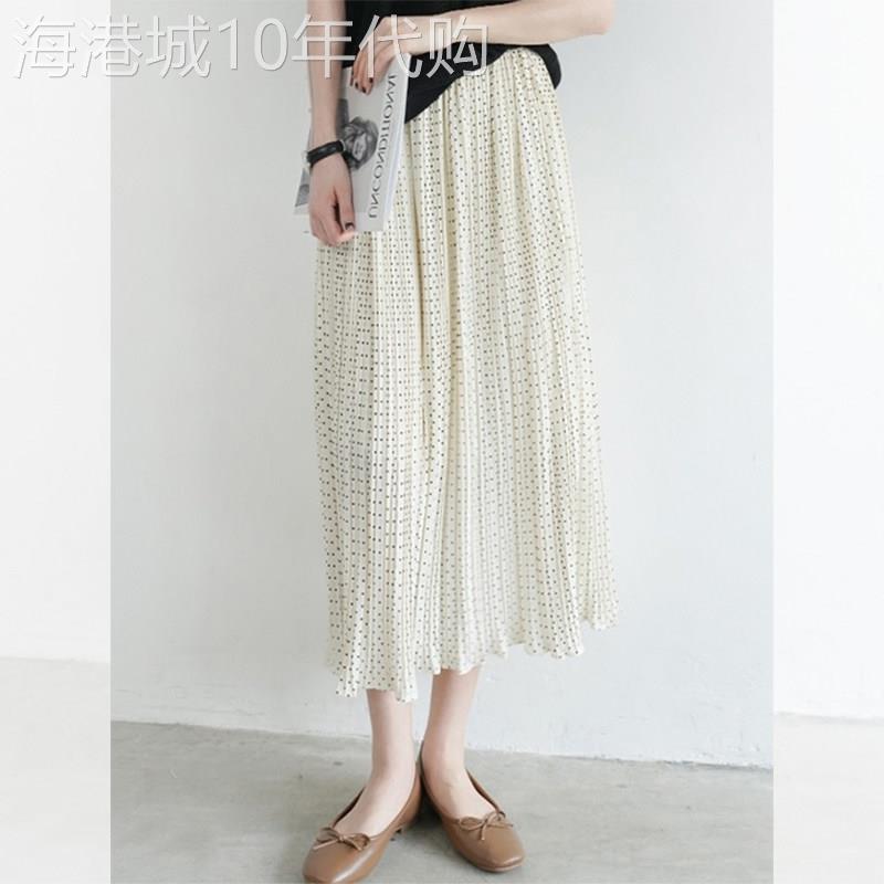 今年流行杏色波点半身裙女夏季新款高腰显瘦垂感百褶半身长裙半裙