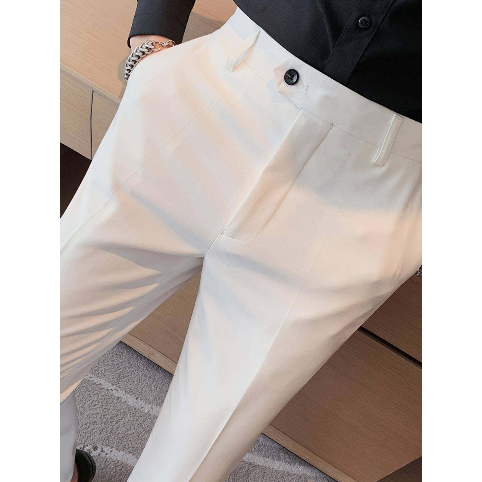 高级感白色西裤垂坠感男韩版修身潮流小脚长裤商务正装免烫西装裤