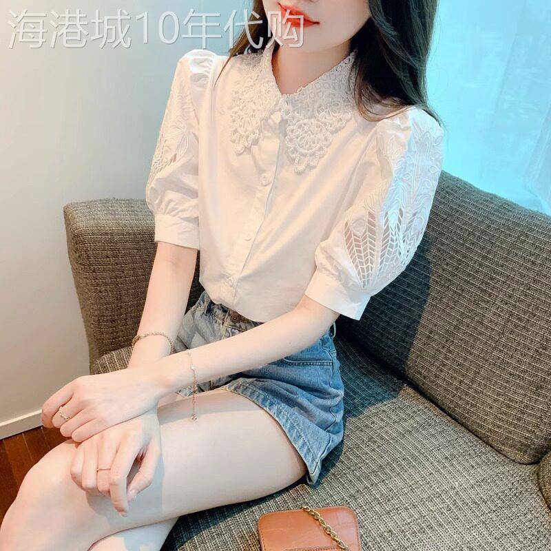 白色短袖娃娃领衬衫 2025新款夏季蕾丝上衣 轻奢减龄洋气女上衣