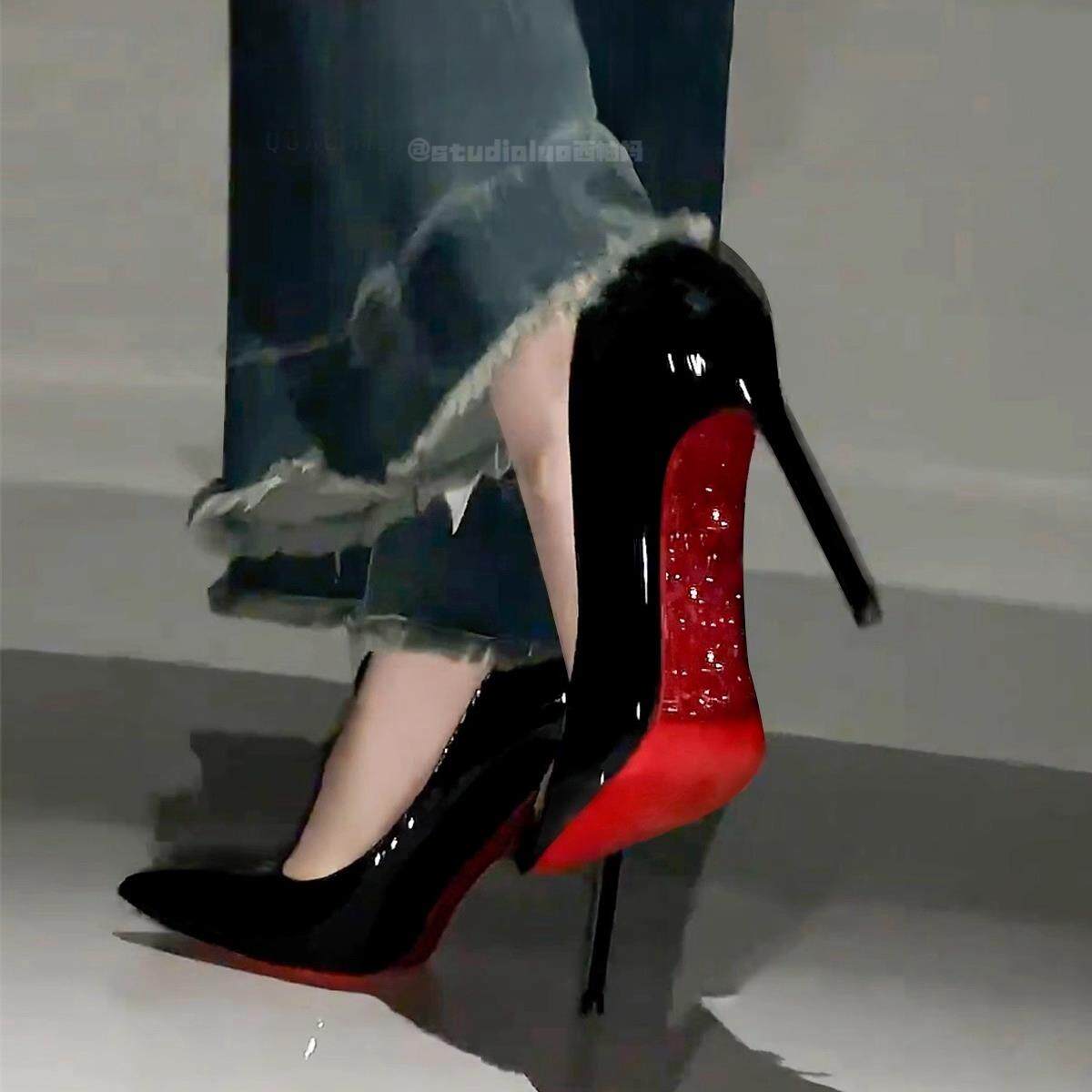 香港真皮水钻细跟时尚高跟鞋女2025春秋黑色漆皮百搭休闲尖头单鞋