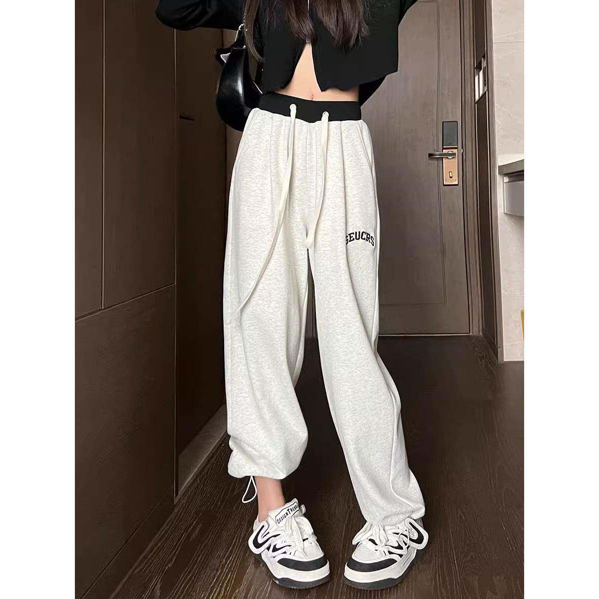 2025夏季新款抽绳运动裤女休闲直筒小个子美式束脚宽松阔腿卫裤