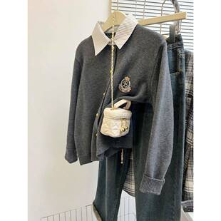 韩国假两件针织衫女春秋外搭衬衫领灰色毛衣开衫外套学院风上衣