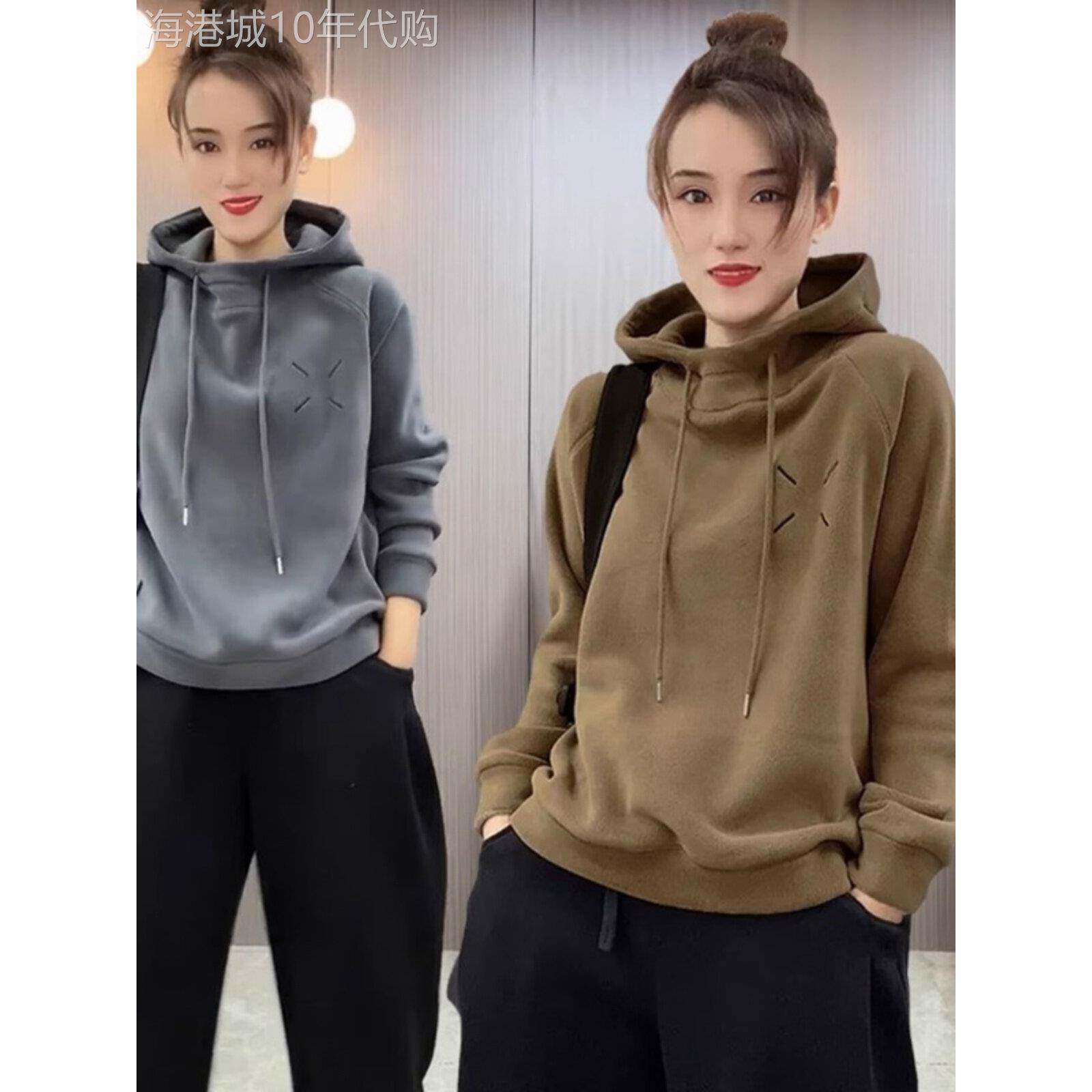 加绒加厚连帽卫衣女春秋季新款欧货休闲减龄德绒打底帽衫保暖上衣