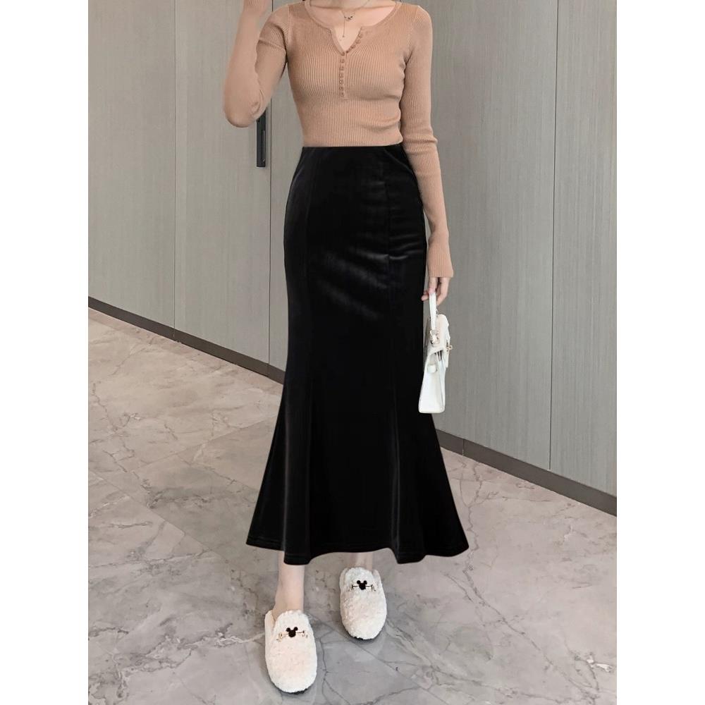 欧洲站2024年夏季新款金丝绒鱼尾裙半身裙女黑色连衣裙高腰包臀裙