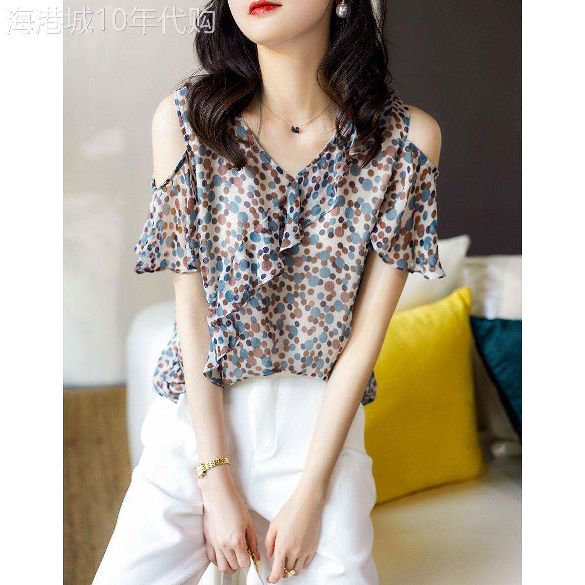 雪纺衫女短袖夏季2026新款韩版宽松洋派小衫气质碎花露肩短款上衣