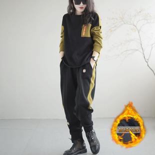 香港大码春秋冬撞色卫衣运动裤套装女胖mm遮肚显瘦加绒加厚两件套