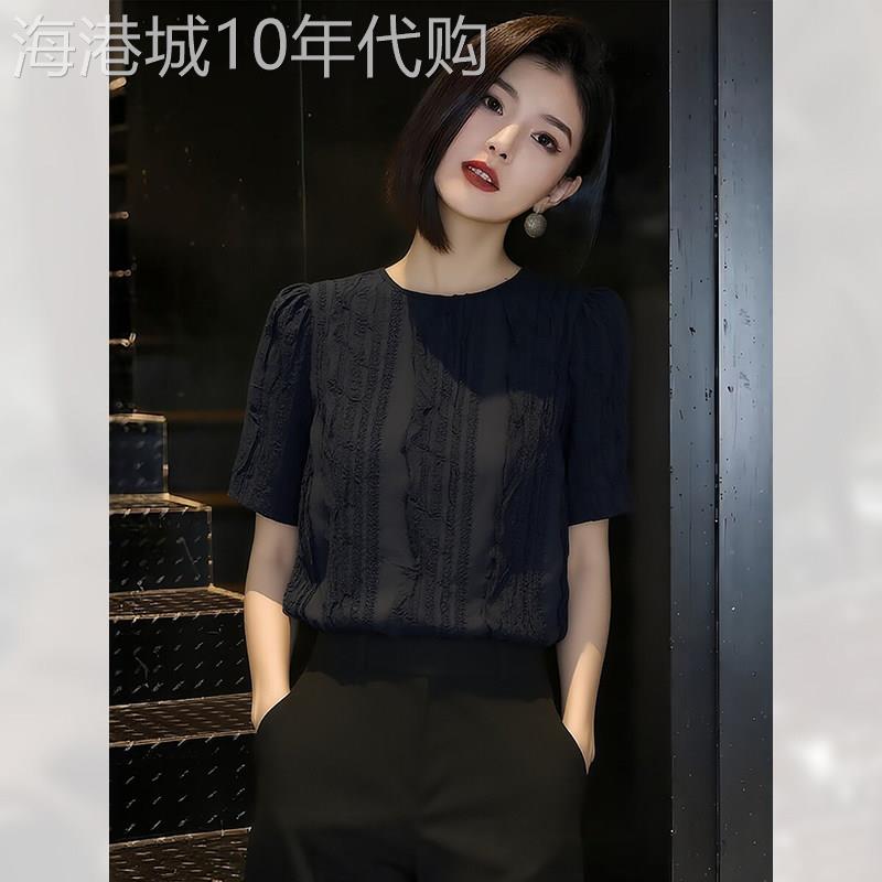 轻奢黑色短袖衬衫女装夏季2026年新款超好看圆领上衣显瘦小衫精致