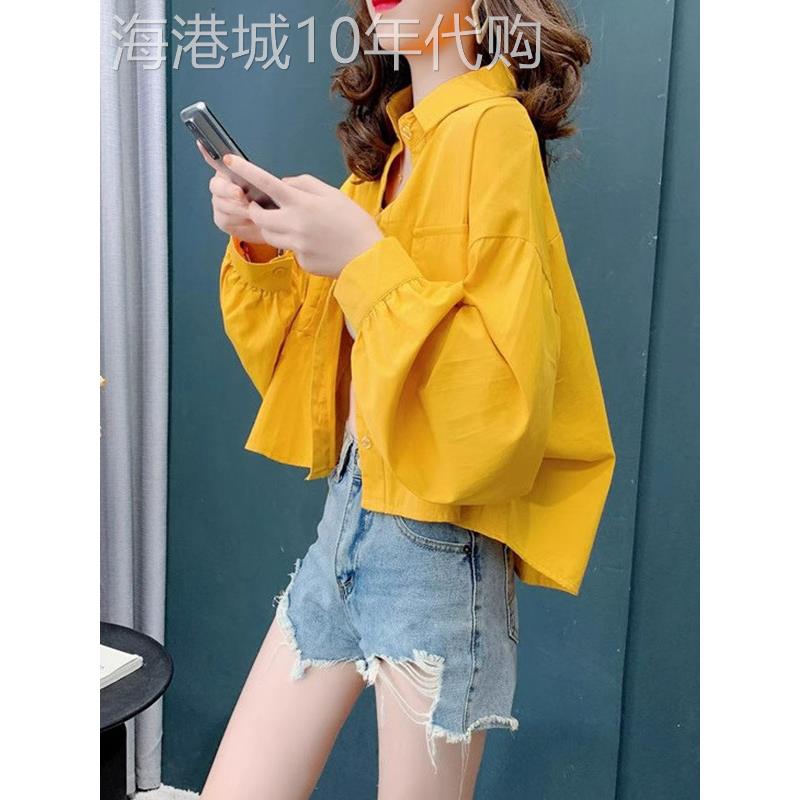 黄色polo领长袖衬衫女春秋欧货宽松短款衬衣外套防晒服开衫上衣