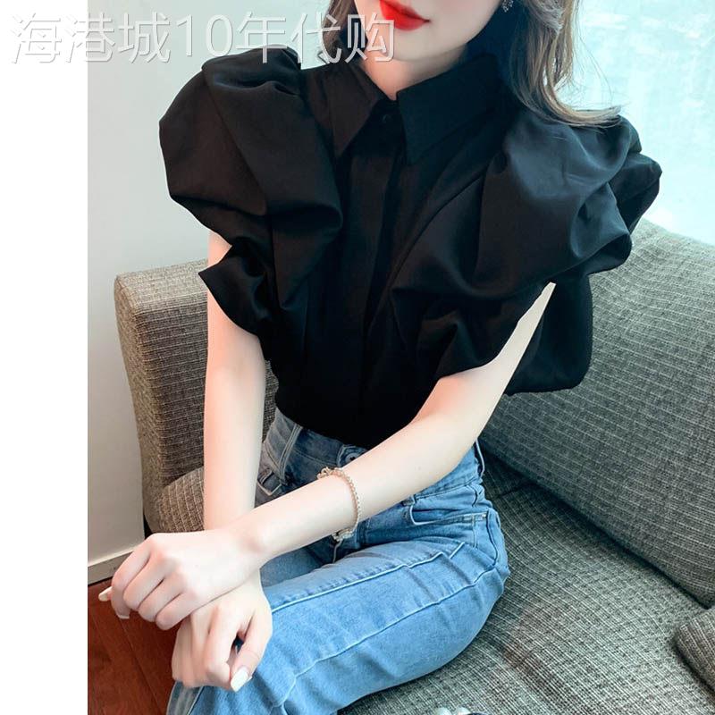 黑色短袖衬衫女2026新款夏季法式高级感轻奢减龄洋派泡泡袖上衣女