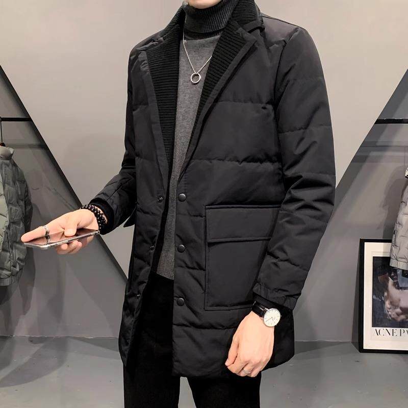 欧洲站西装领羽绒服男士秋冬新款大码韩版修身保暖中长款轻薄外套