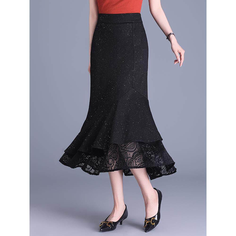 黑色亮片蕾丝鱼尾裙女2025年夏季新款高腰显瘦气质长款包臀半身裙