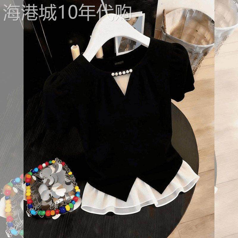 2026夏季新款假两件V领短袖T恤女撞色荷叶边收腰显瘦小众气质上衣
