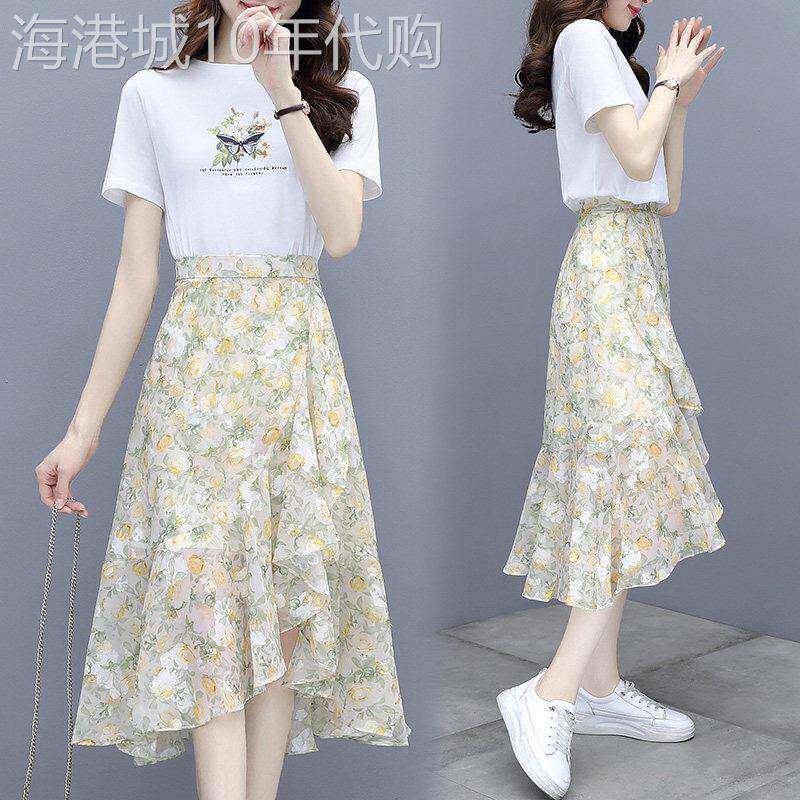 潮牌气质收腰两件式洋装女2026夏季新款雪纺碎花A字半身裙套装