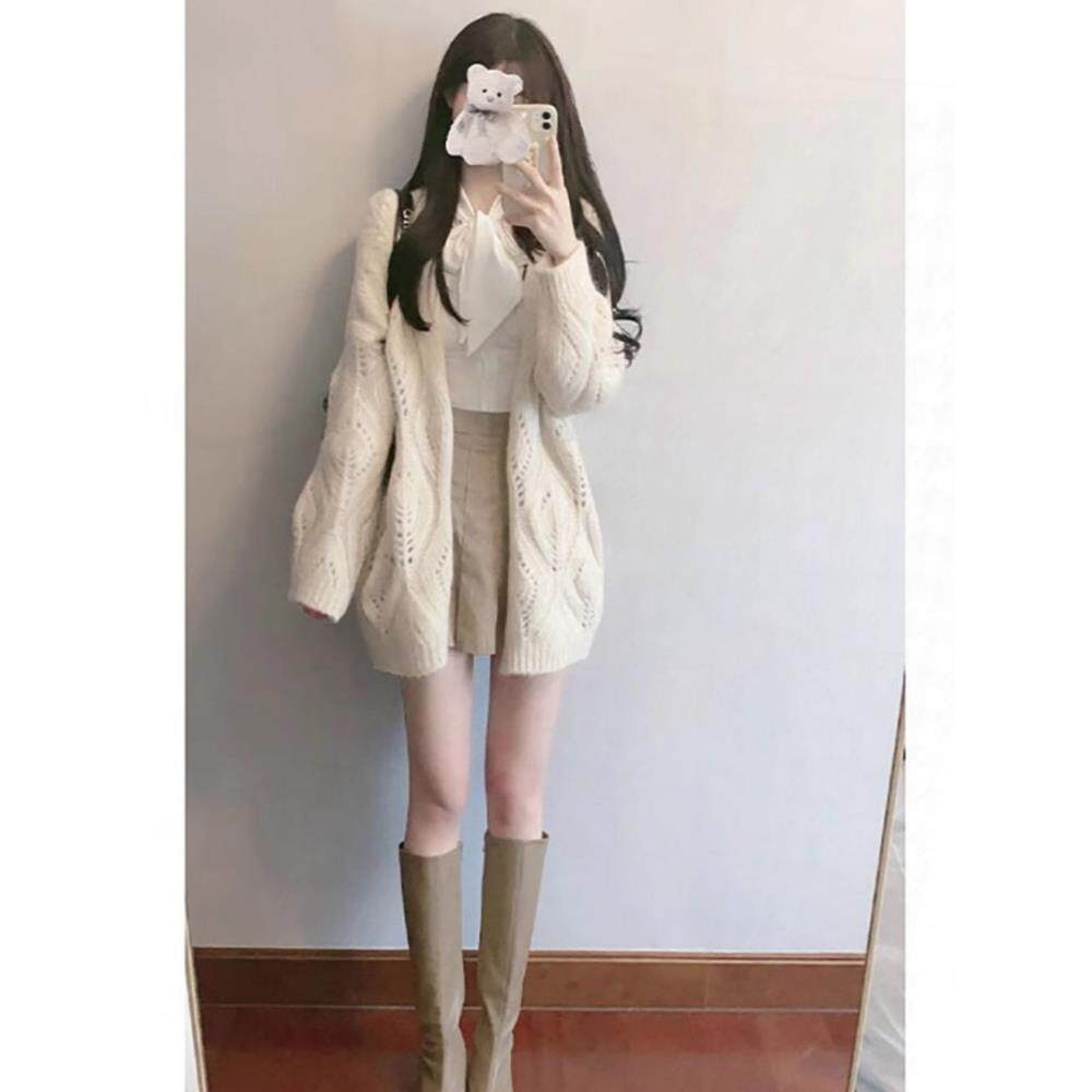 日系早春秋新款女装高级宽松针织开衫上衣百搭白色毛衣外套慵懒风