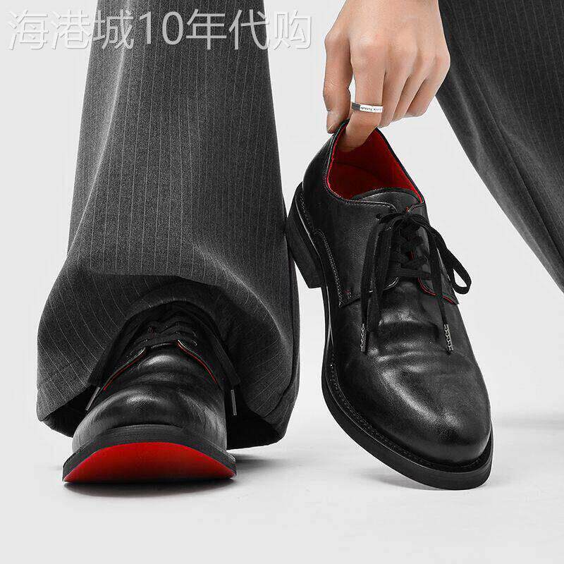 【高品质】褶皱德比鞋黑色尖头皮鞋男款厚底增高红底商务正装潮鞋