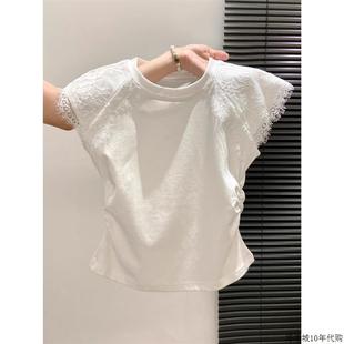短袖 新款 高档轻奢白色小飞袖 t恤女夏季 上衣 时尚 蕾丝收腰褶皱短款