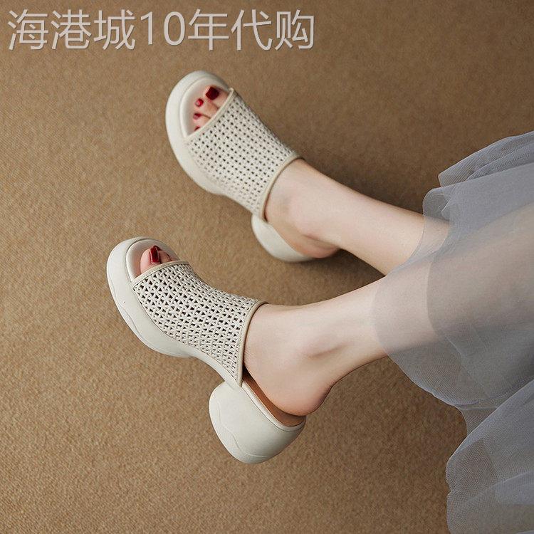 意大利-帕达纳鞋跟高度6.5cm?法国露趾厚跟格纹拖鞋时尚软底女式