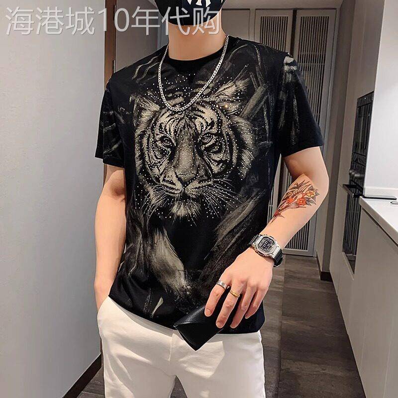 高端老虎头印花烫钻短袖T恤男士2025新款潮流设计感体恤上衣男款