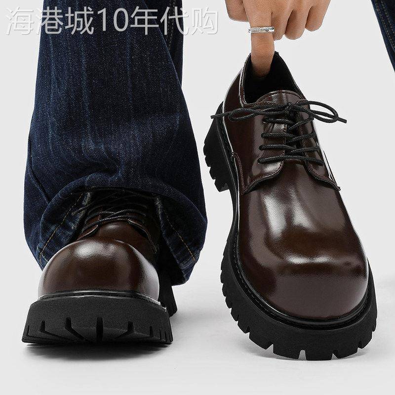 【高品质】德比鞋男真皮棕色厚底增高大头鞋翘头通勤工装休闲皮鞋