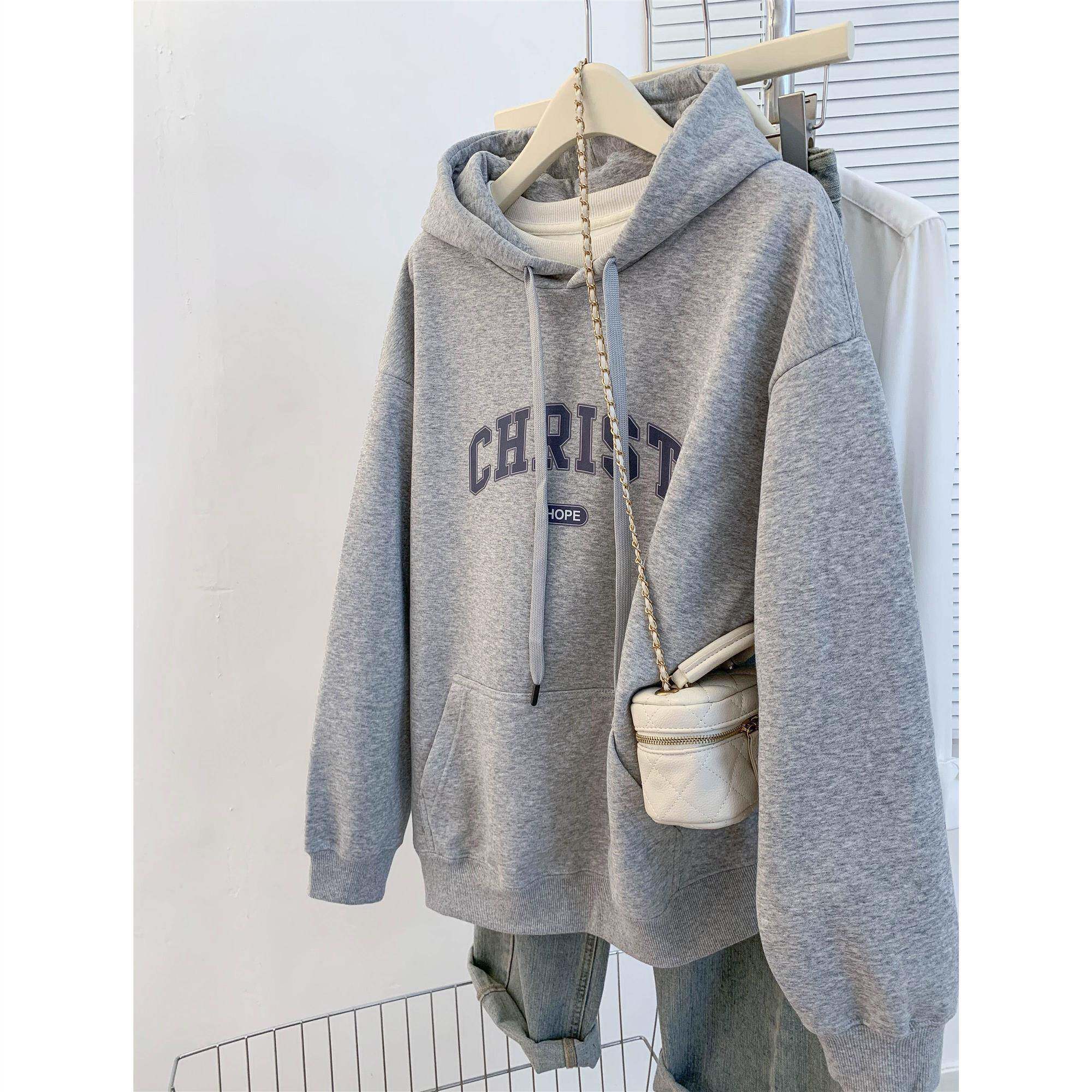 潮牌灰色连帽卫衣女2025春秋冬新款宽松加绒加厚慵懒风小个子上衣