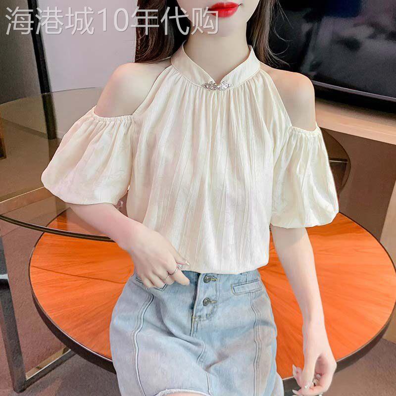 雪纺衬衫女2026新款夏季立领高级感轻奢减龄洋派泡泡袖露肩上衣女