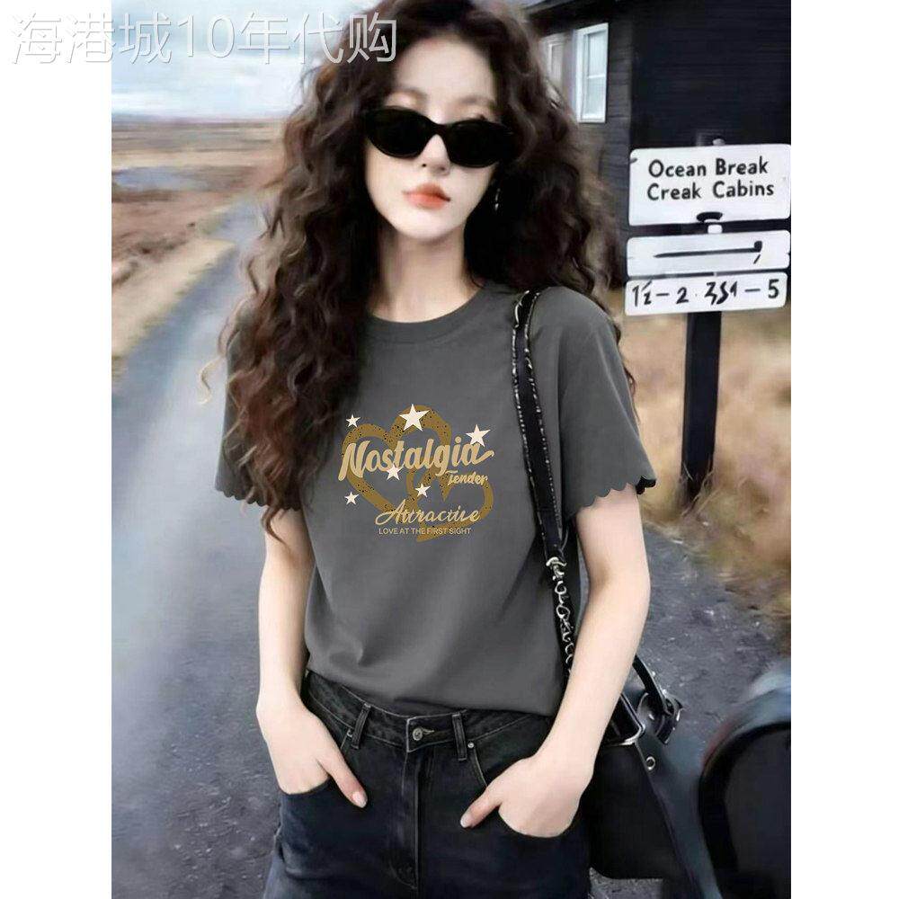 灰色韩式简约木耳边圆领短袖T恤女装夏季新款打底衫显瘦百搭上衣