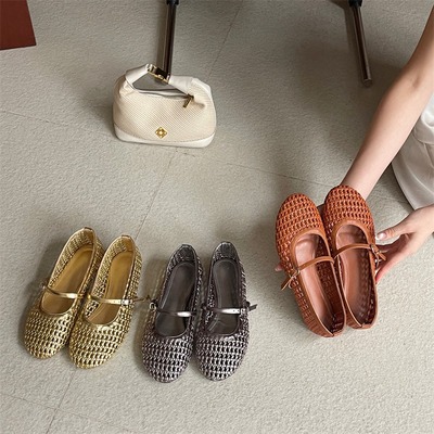 2026年春夏季新款平底编织单鞋度假风女舒适圆头镂空玛丽珍鞋