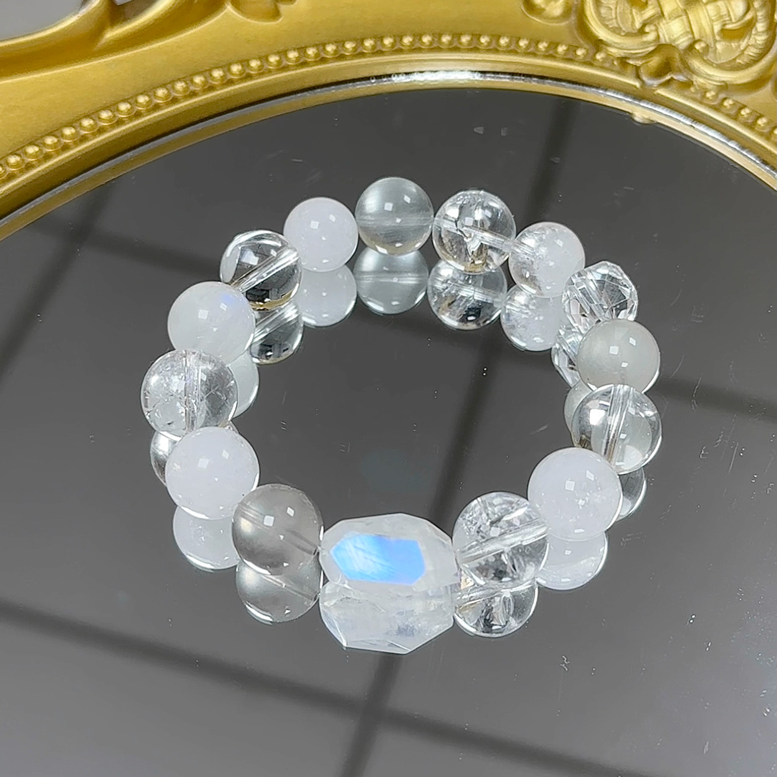 ＜星芒金＞天然多宝手链灰兔毛蓝月光白阿塞白水晶手串12mm